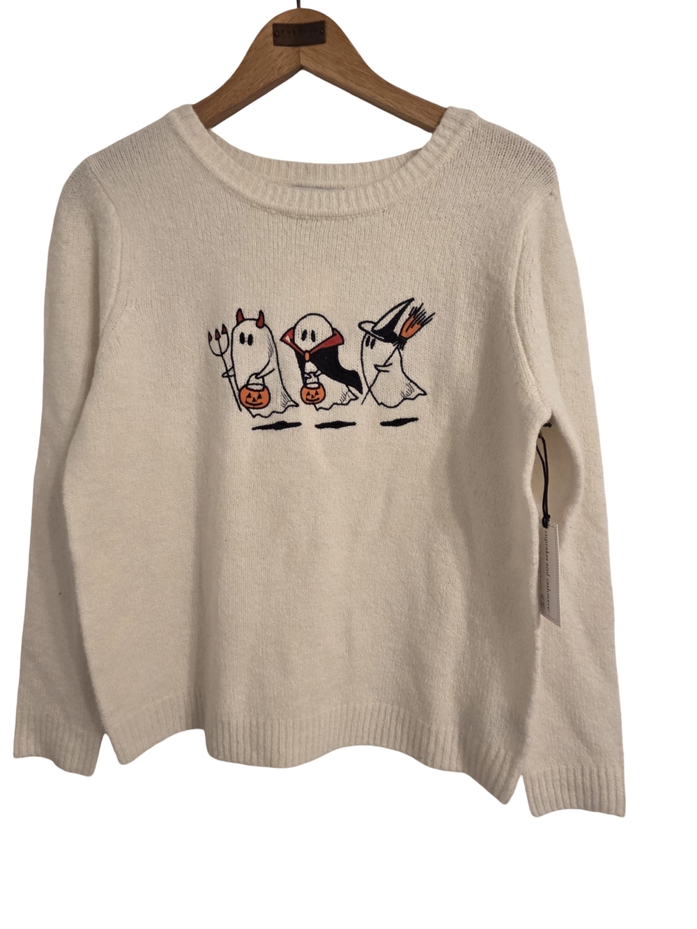 cupcakes & cashmere Cream Crewneck Sweater with Embroidered Halloween Ghosts